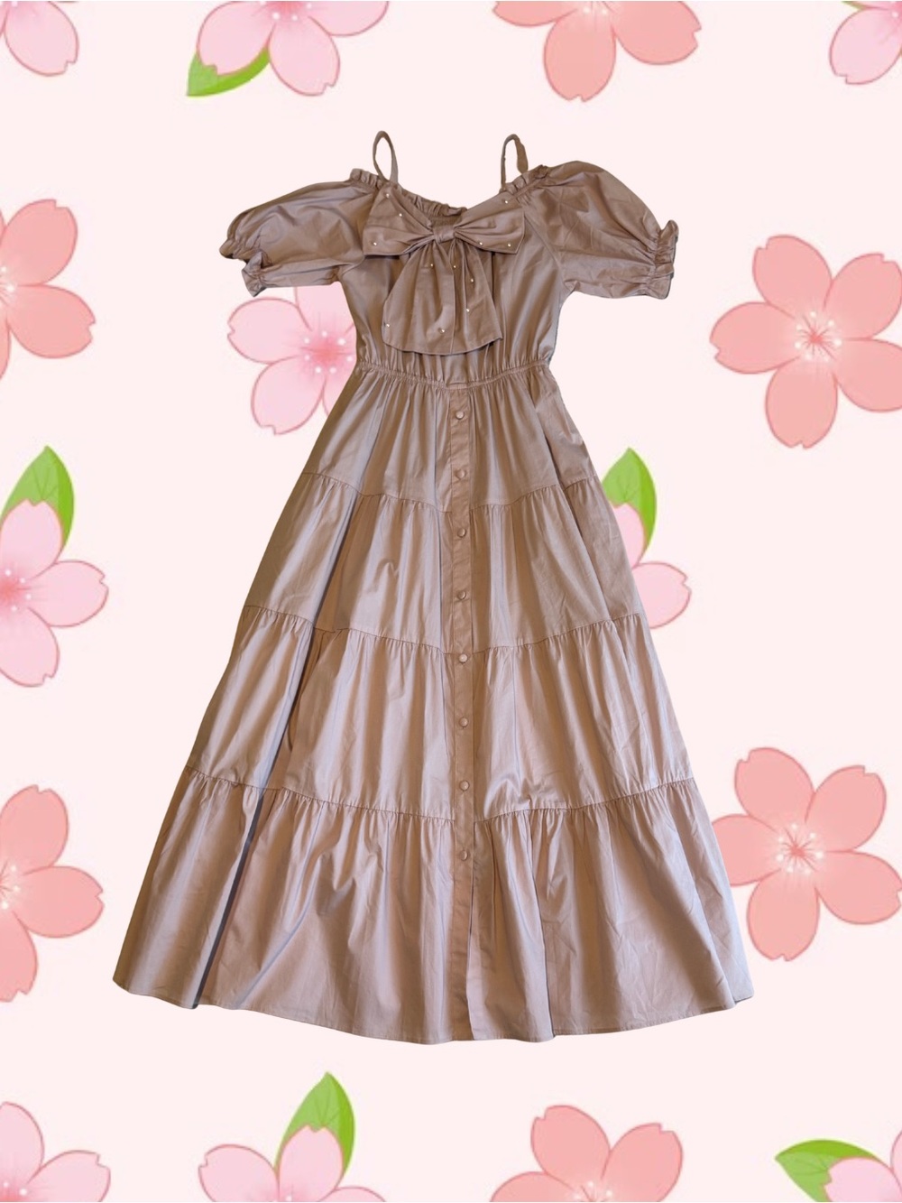 Women’s Taupe Off-Shoulder Tiered Dress with Bow from Japan
